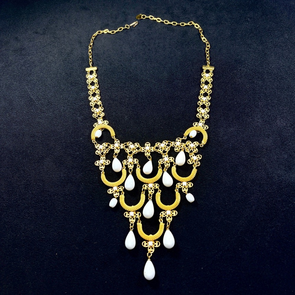 Gold Tone Chandelier Necklace White Teardrop Beads Ornate Filigree Flower Links